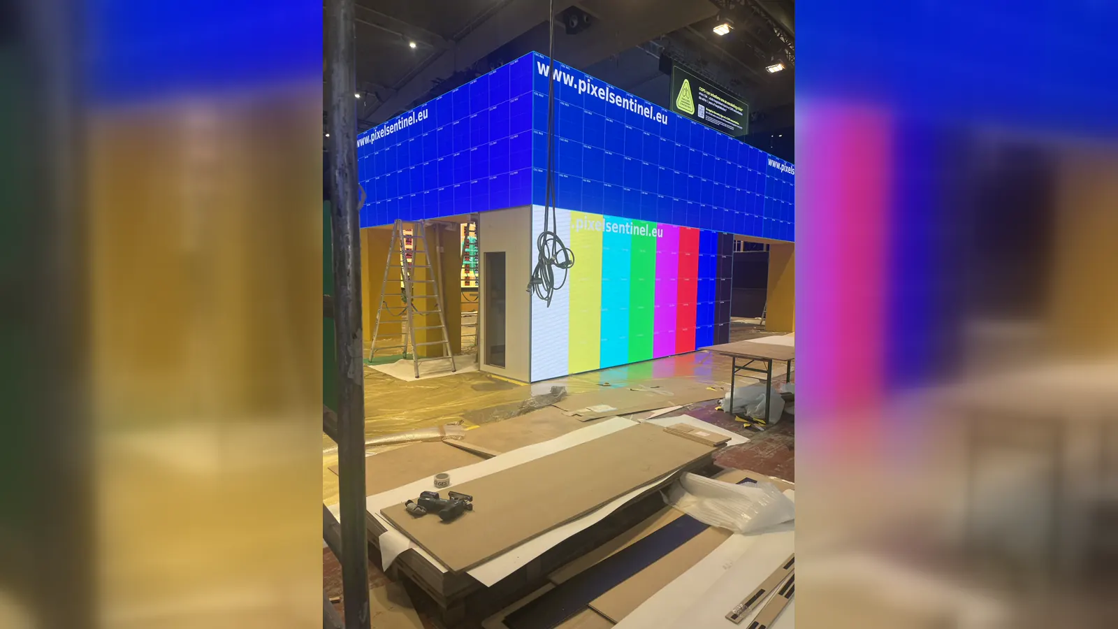 Large event LED installation showing PixelSentinel coordinate grids and colour test fields